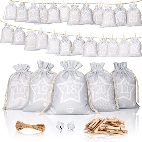 MIUTME Adventskalender Zum Befüllen,24 Adventskalender Selber Befüllen Weihnachtskalender Stoffbeutel,2022 Weihnachtskalender Geschenksäckchen, Hochwertige Geschenktüte aus Baumwolle (13x18cm,grau) Cover