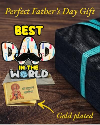 Image of WARMINGO DE Father's Day Combo Best Dad in The World Wooden Table Decor & Gold Plated Hanuman Chalisa | Best Gift for Father Papa Dad | Religious & Modern Gift