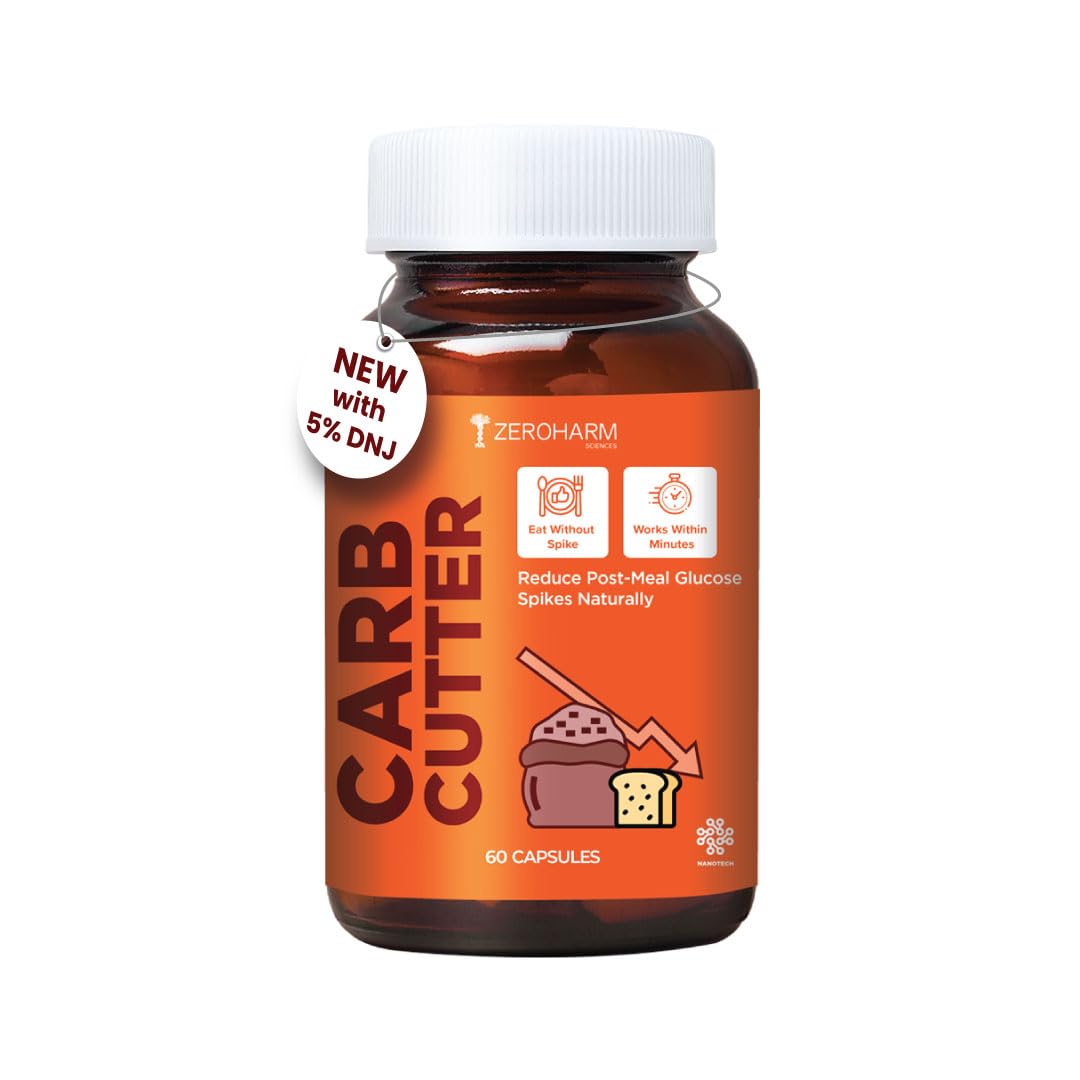 ZEROHARM Carb Cutter With Mulberry Leaf Extract, Berberine, Fenugreek, Lemon & Cinnamon for Post-Meal Glucose & Metabolism Support - 100% Plant-based Supplement for Men,Women - 60 Capsules