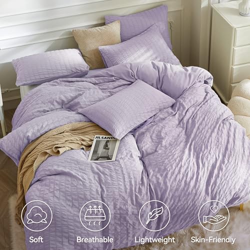 Image of JELLYMONI Seersucker Duvet Cover Set Queen, 3pcs Light Purple Polyester | In Master Bedroom, Couples Pick, Crinkled Texture, Oeko-Tex Certified, 8 Corner Ties & Hidden Zipper