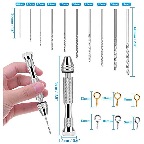 Pasuihcay Resin Tools Kit With 1Pcs Pin Vise Hand Drill 10Pcs Drill Bits And 400Pcs Screw Eye Pins For DIY Keychain Pendant Making, Gold & Silver