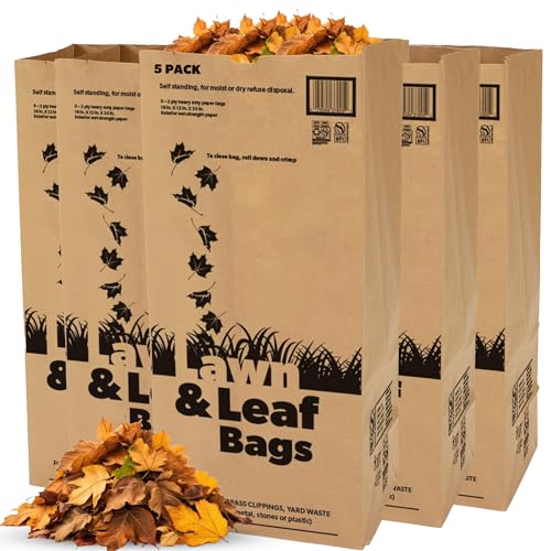 Duro 50# Large 30 Gallon Lawn and Leaf Bags, 2-Ply Brown Paper Yard Waste Bags for Home and Garden Refuse - Pack of 5