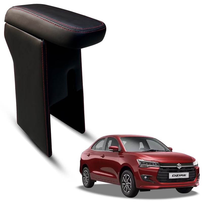 Image of Carigiri Premium Finish Car Armrest with Storage Box And High Density Moulded Foam For Maruti Suzuki Dzire (Models-2024,2025)(ONLY FOR VXI,VDI /ZXI,ZDI /ZXI+ MODELS) (Red Seam,Nappa Leatherette)