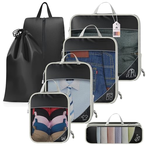 AMATHINGS Premium Kompressions-Packwürfel 7er Set – Reißfestes Nylon für 60% mehr Platz – Kofferorganizer mit smartem Icon-System gegen Reise-Chaos – Inkl. Schuhbeutel & Wäschesack – Schwarz