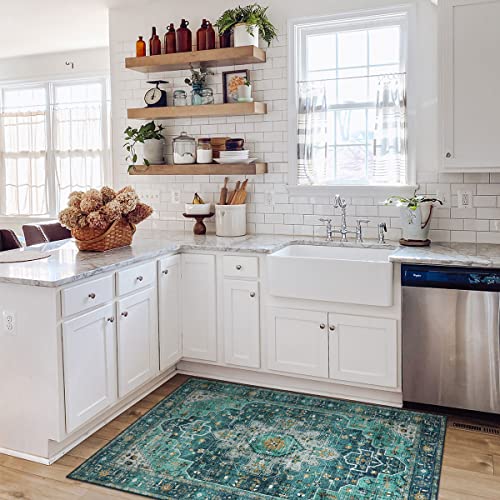 Moynesa Ultra-Thin Washable Vintage Area Rug - 3X5 Persian Entry Throw Rug Non-Slip Oriental Medallion Bedroom Mat Non-Shedding Indoor Floor Carpet For Living Laundry Room, Teal/Mutil #TOP6