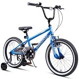 Glerc NuNu Bicicletta per bambini da 18 pollici in stile BMX per ragazzi di 6, 7, 8, 9 e 10 anni, biciclette per bambini con rotelle, cavalletto e manubrio/sella regolabili, blu