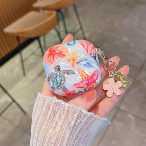 Image of MINSCOSE for Glitter AirPods 4 Case,Cute Shell Pattern Marine Life Design with Floral Keychain,Soft TPU Anti-Drop Shockproof Cover with Cleaner Kit for Women Girls for AirPods 4-Dolphin