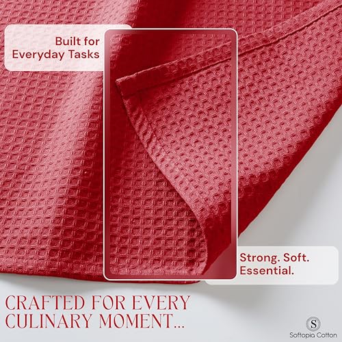 Image of Red Waffle Kitchen Towels, 100% Cotton, Quick Dry, Super Absorbent, Soft, Lint-Free, 16x26 Inches, with Hanging Loop - Ideal for Dish Drying, Bar, Tea, Cleaning & Everyday Use, 4 Pack