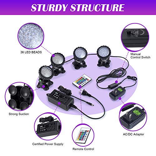 Pond Lights Underwater Waterproof Submersible Led Lights Color Changing Landscape Light Dimmable Spotlight 36 LED Lighting for Pond Aquarium Garden Pool Fountain Pond with Remote Control ( Set of 4)