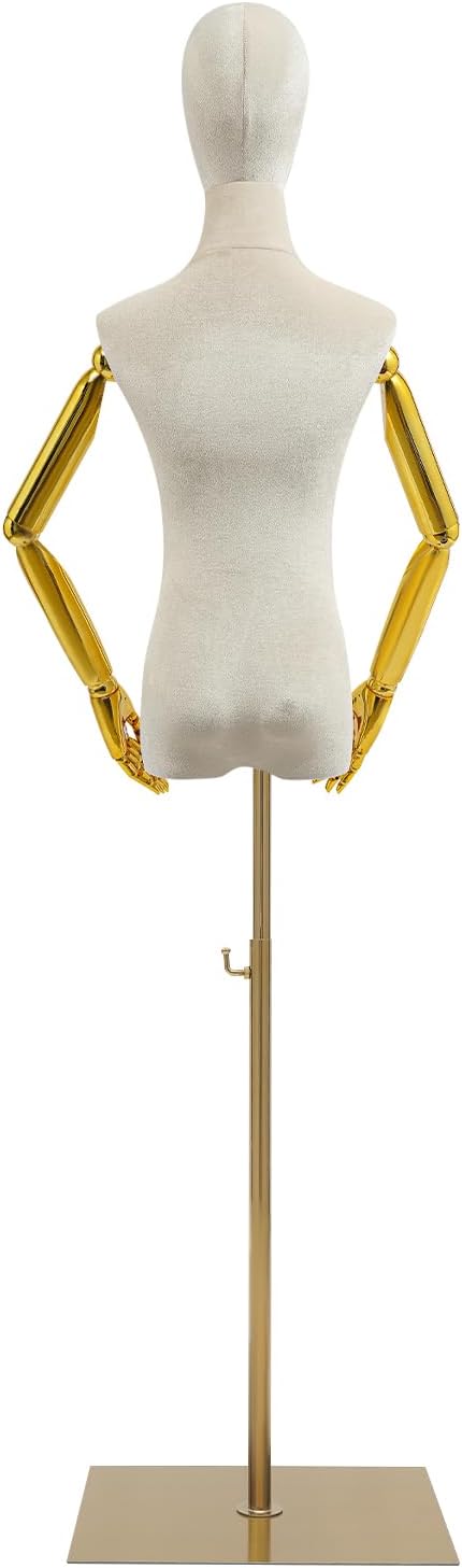 Velvet Female Mannequin with Golden Arms & Base, Adjustable Height 59-79 Inches, Half Maniquin Body Display Stand for Gowns, Dresses, Retail Stores, Boutiques, Bust 32.28in (Off-White)
