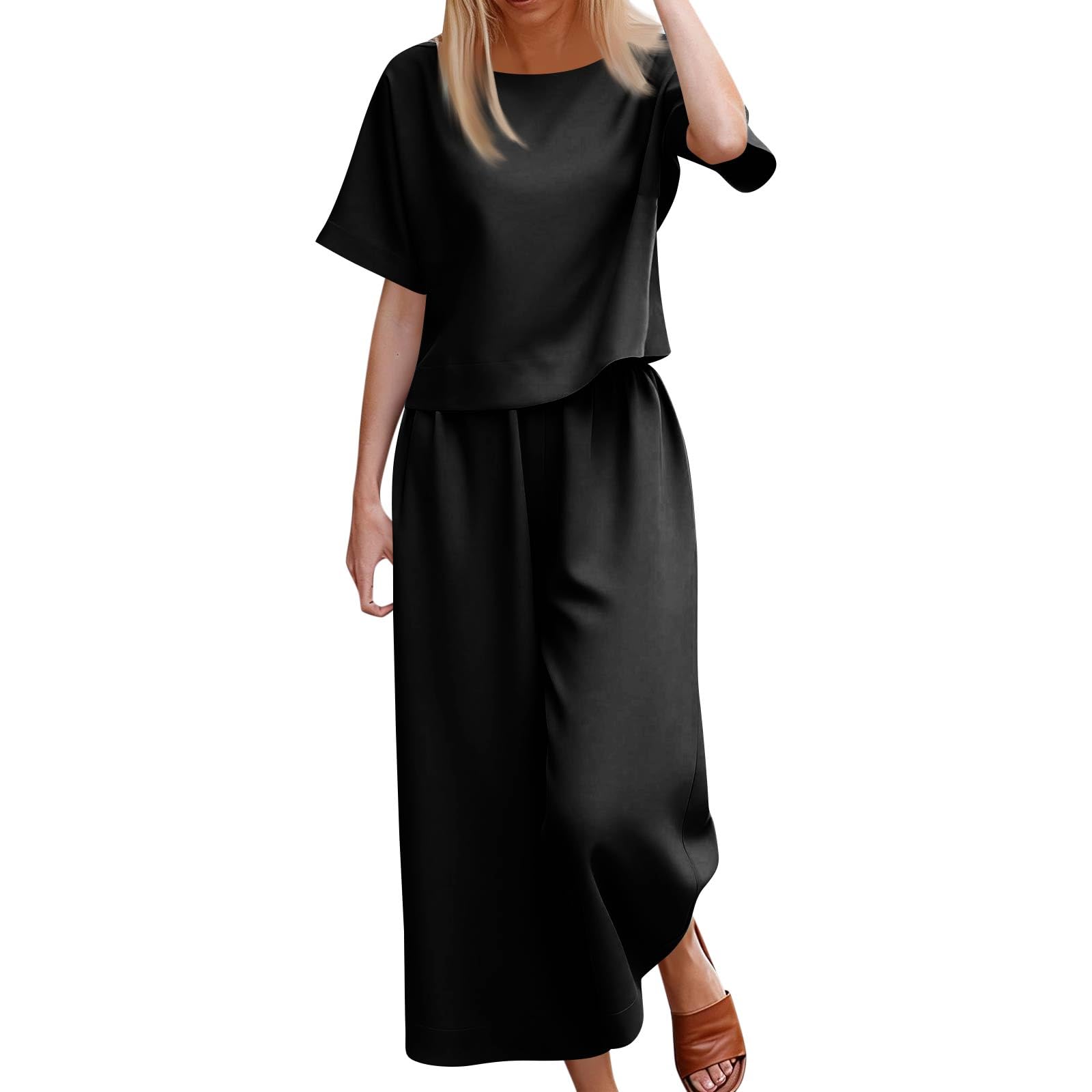 Women Two Piece Set Loose Fit Short Sleeve Top And Wide Leg Pants Solid Crewneck Casual Outfit For