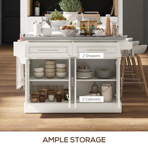 HOMCOM Rolling Kitchen Island Cart with Wheels, Portable Island Table for Kitchen with Stainless Steel Top, Adjustable Shelves, 2 Drawers, Spice, Knife and Towel Rack, Cream White