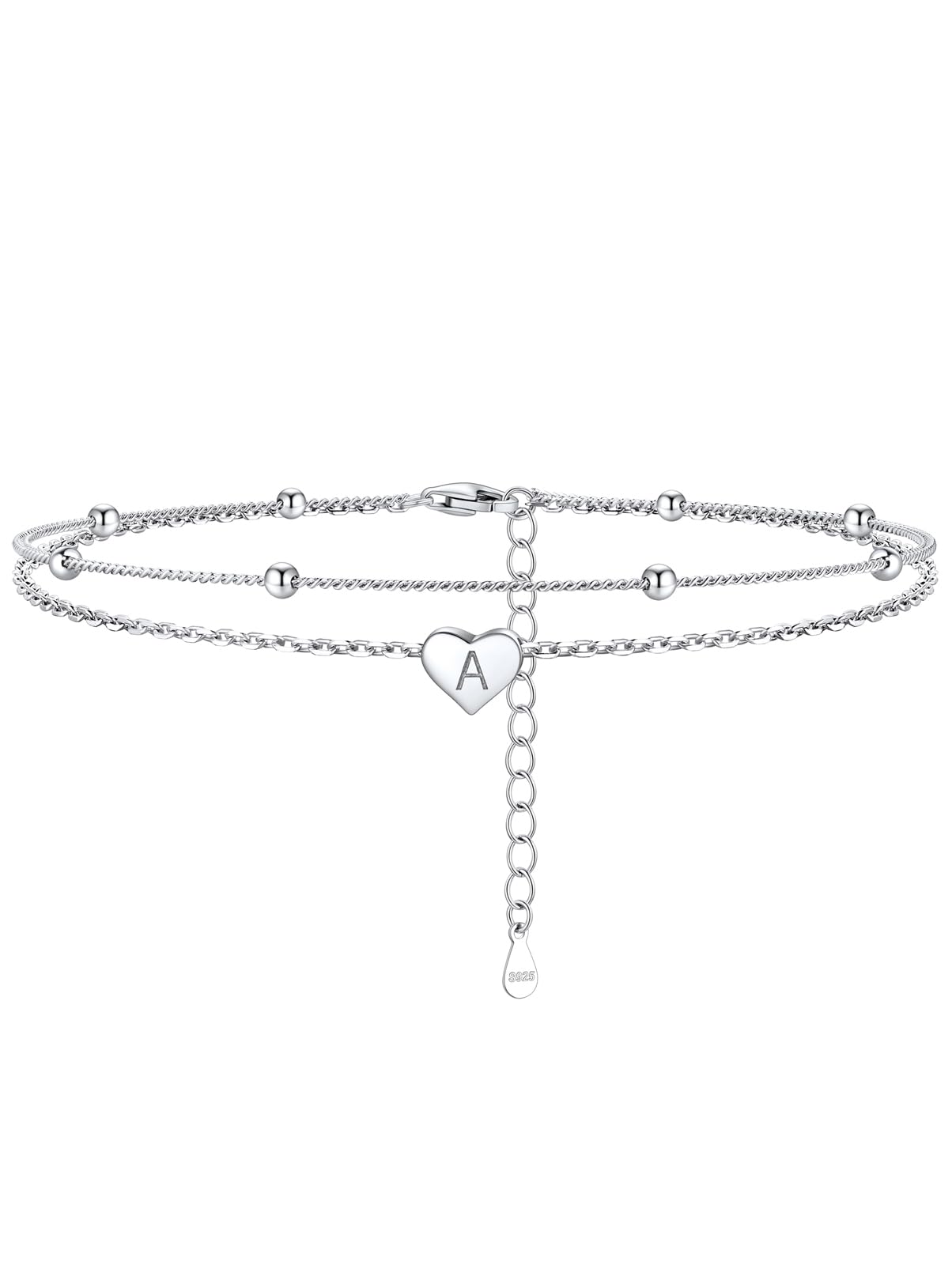 Silvora 925 Sterling Silver Anklets for Women Heart letter Anklet with Beaded Heart Initial Anklets for Women - 01.A