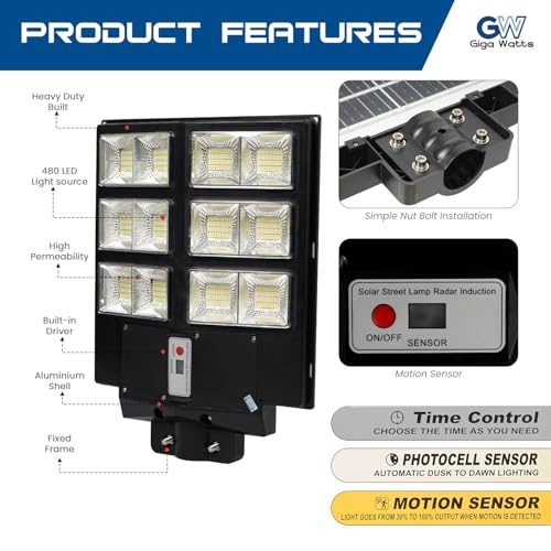 Image of Gigawatts 480 LED 200W Solar Street Light with Remote Control High Power 20Ah Battery Inbuilt 23W Solar Panel IP65 Water Resistant Outdoor Lamp for Wall Pathway Garden and Patio (1Pc, Cool White)