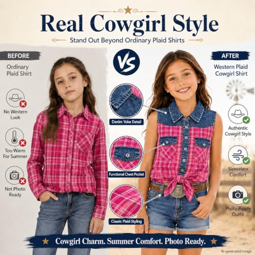 Image of Bienzoe Western Plaid Girls Shirt: Sleeveless Button Down | For girls who love cowgirl style, rodeo days, country concerts, summer comfort, family photos, horse shows, outdoor fun