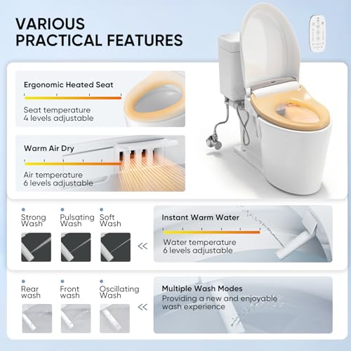 Image of LEIVI Electric Bidet Toilet Seat with Wireless Remote and Side Panel, Multiple Spray Modes, Adjustable Heated Seat, Warm Water and Air Dryer, Auto LED Nightlight, Elongated