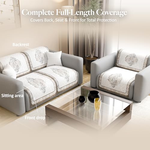 Image of Kuber Industries 2+1 Seater Sofa Cover | Velvet Slipcover for Living Room | Thick & Cozy | Non-Slip Comfort Sofa Cover Set | Digital Painting Juliet 1186 - Cream & Brown