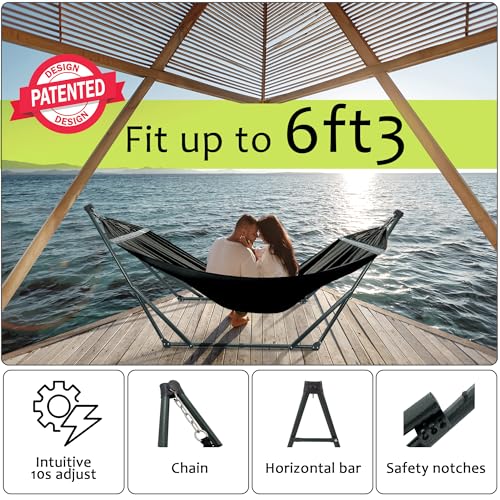 Image of Tranquillo Ultimate Relaxation Portable Hammock Stand with Cotton Canvas Net, Spreader Bar, Quick Fold Unfold in 30 Seconds Steel Frame Hammock 600 lbs Capacity Outdoor, Black