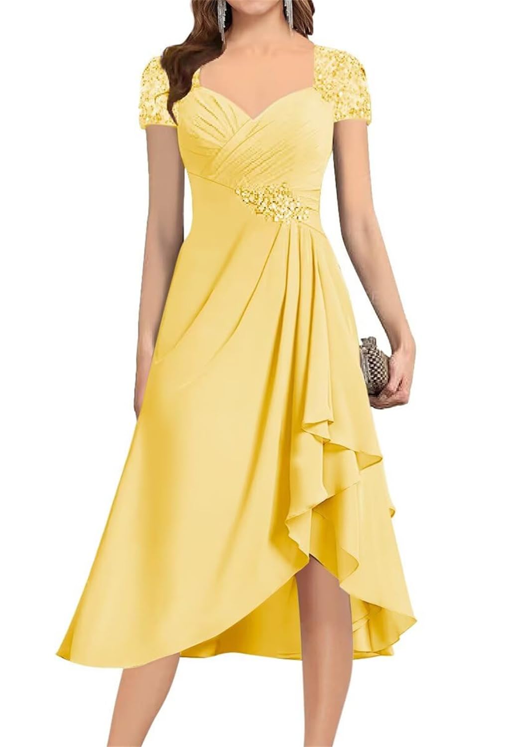 Kiyne Women's Yellow Short Mother Of The Bride Dresses With Sleeve Ruched Chiffon Tea Length Mother Of Groom Dress Party Gown Uk12