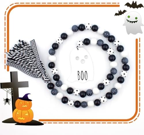 Halloween Tray Decor Wooden Bead Garland with Tassel Farmhouse Beads Garlands Halloween Tiered Tray Decorations Wooden Wall Hanging Beads Garland Halloweens Party Decor Black