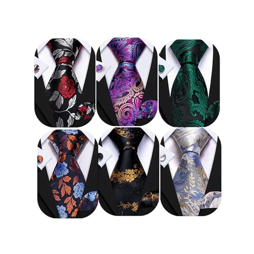 Image of Barry.Wang 6 PCS Men Ties Set Silk Business Fashion Woven Necktie Handkerchief Cufflinks Paisley Stripe Wedding Party