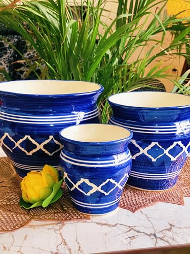 Image of Niyara Stylish Ceramic Pots Planters for Indoor Plants,Succulent,Outdoor,Balcony,Home,Garden,Office (Set of 3) Size -Large 9 inches 7 inches & 5 inches (Moroccan Blue)