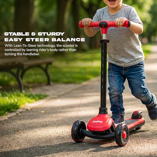 Image of Baybee Zyro Kick Scooter for Kids | 3 Wheel Kids Scooter with 3 Height Adjustable & LED Lights | Skate Scooters with Music & Foot Brake | Indoor Outdoor Toddler Scooters for 2 to 10 Years (Red)