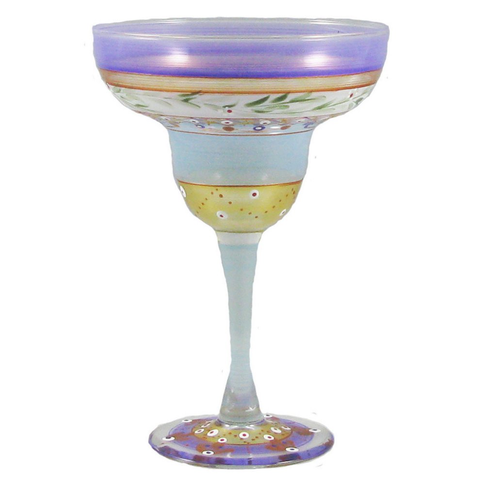 Set of 2 Mosaic Garland & Stripes Hand Painted Margarita Stemware Glasses - 12 Ounces