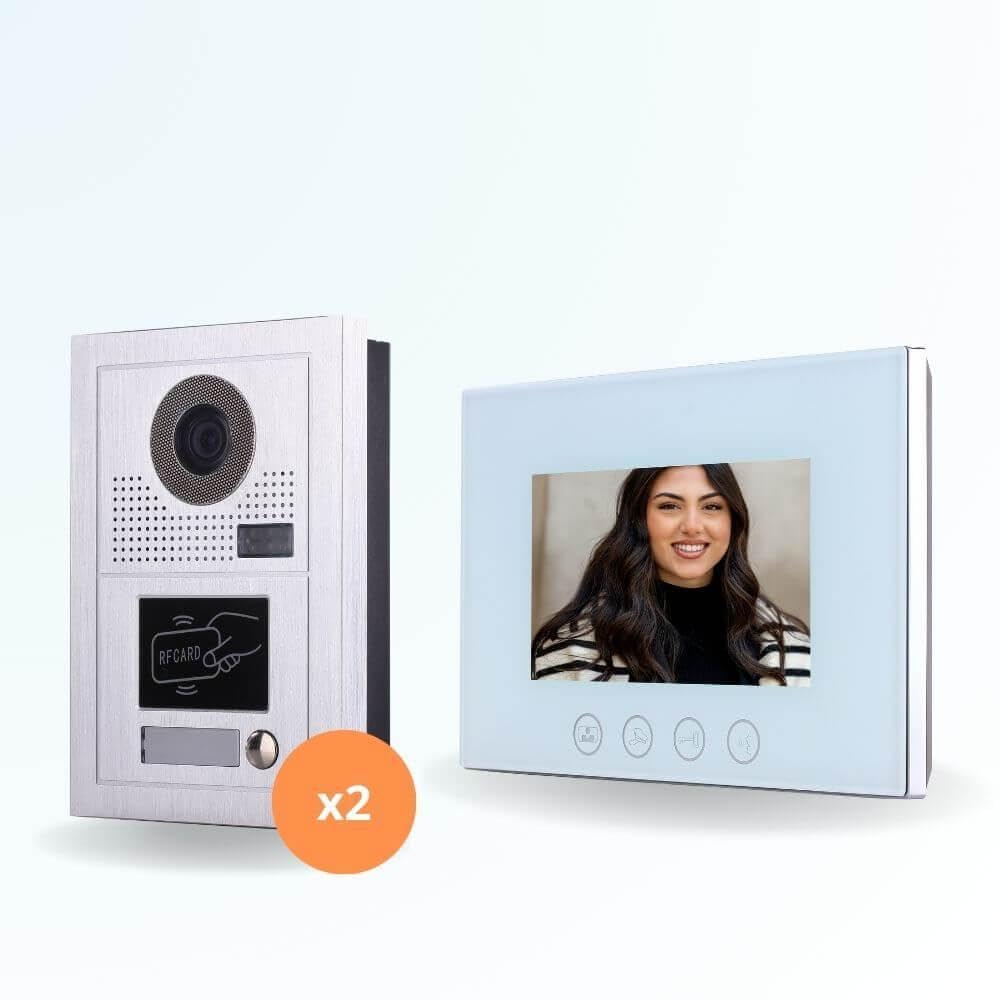 Portier interphone vidéo Classic-2 4 Fils pour 2 entrées - 1 Appartement - 2 platines - 1 écran Blanc 7" - avec mémoire Photos - avec Lecteur de Badge