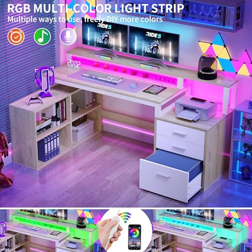 Image of DWVO L Shaped Desk with Drawers, 65 inch Computer Desk with Power Outlets & LED Lights, Corner Home Office Desk with Storage Shelves & Printer Stand, White & Oak