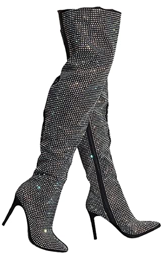 Women's All Over Diamond Rhinestone Stripe Front Slouchy Thigh High Stiletto Boots