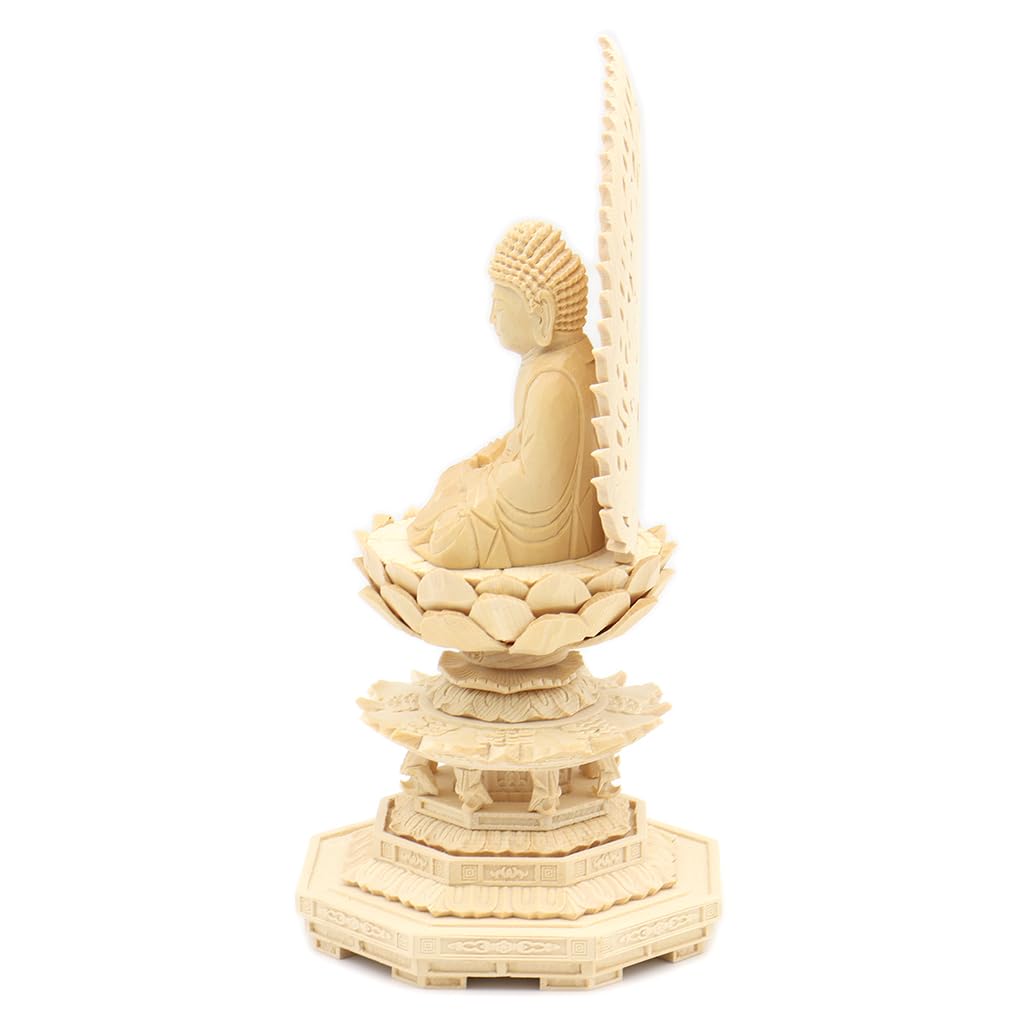 白檀　釈迦如来座像　八角台座　木彫仏像　仏教美術 白木 八角台座（手彫）宝相華光背（手彫）玉眼入 釈迦如来座像
