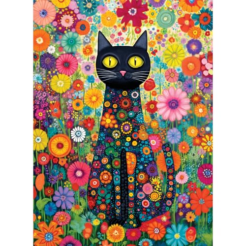 Puzzle de 300 piezas grandes para adultos, flores y gato colorido. Rompecabezas de animales con letra en la parte trasera, póster HD 1:1, encaje perfecto, sin polvo, actividad desafiante para la familia, medida 20.5x15 pulgadas miniatura 1