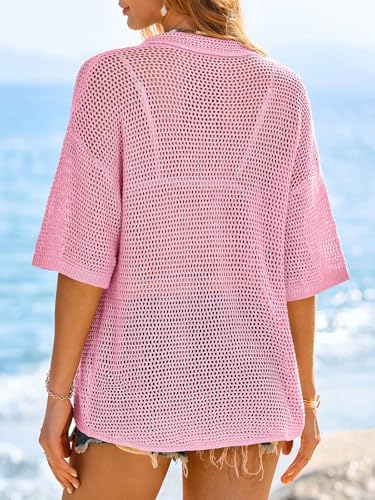 Image of Fisoew Womens Crochet Lightweight Cardigan Sweaters Short Sleeve Summer Button Down Collared Loose Cover Up Shirts