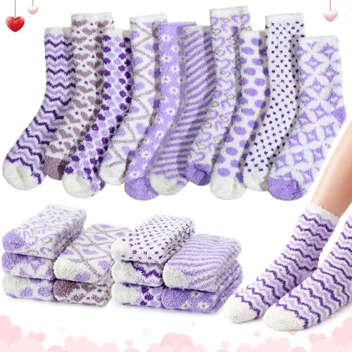 Berlune 10 Pairs Purple Pink Socks for Women Cozy Fuzzy Thick Warm Sleep Soft Socks Christmas Birthday Gift for Women Mom(Flower Purple)