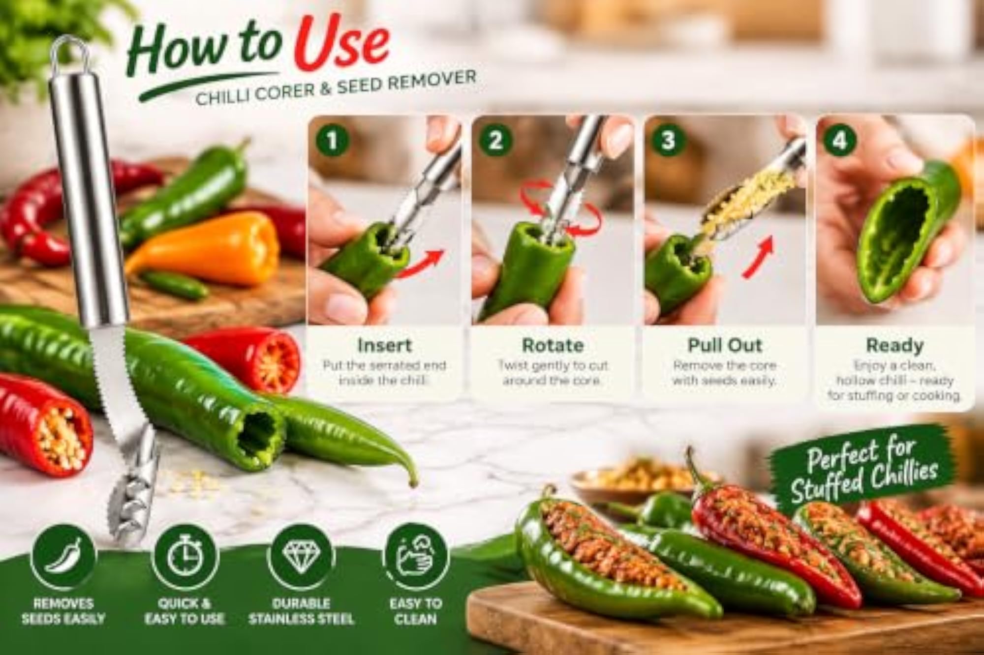 Stainless Steel Chilli Corer & Seed Remover Tool