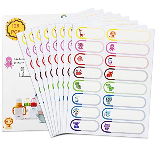 Image of 128 pcs Waterproof Daycare Labels, Name Labels for Kids Stuff School Supplies, Baby Bottle Label for Daycare Essentials, Self-Laminating, Dishwasher Safe Name Tags Stickers for Water Bottle, Sippy Cup