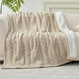 Amélie Home Cable Knit Throw Blanket for Couch, Chenille Sherpa Soft Cozy Throw Blankets for Sofa Chair Comfortable Home, 50'x60', Beige