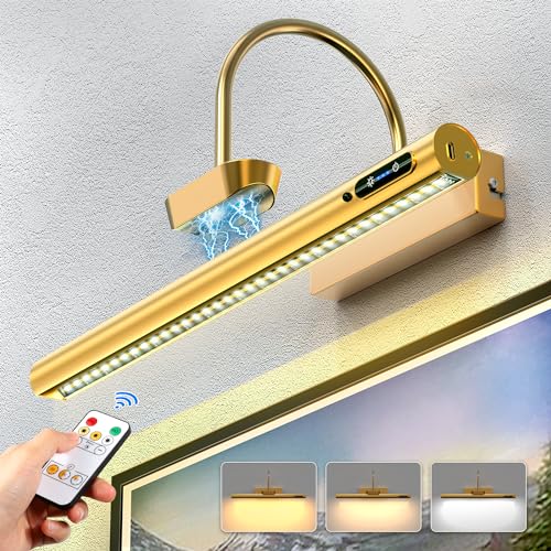 GINATY Ultra Bright Wireless Picture Light with Remote 350 Lumens, Fast Charge Battery Operated Up to 11H W/Timer, Digital Display Art Painting Light Stepless Dimming for Portrait Wall Gallery