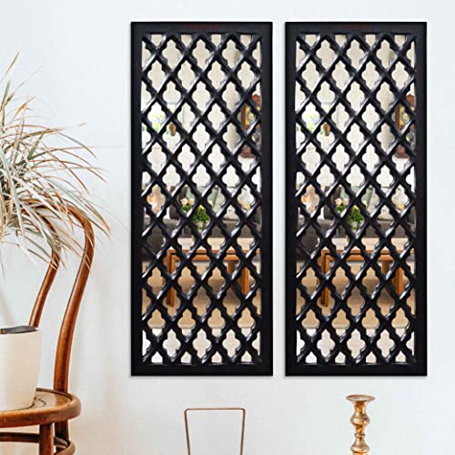 TIMBERLY Wall Mirror Decor Panel Wooden Hanging Jharokha Rectangular Wall Decor Frame for Living Room, Bed Room [30 x 12 Inch, Black-Pack of 2]