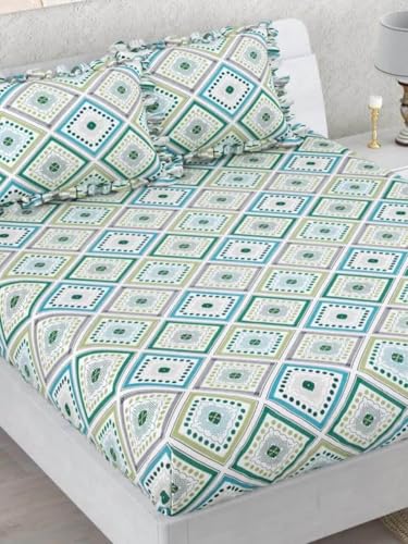 Image of 350 TC Premium Heavy Cotton Feel Elastic Fitted Bedsheet King Size with 2 Frill Pillow Covers King Size || Double Bed with All Around Elastic (White Geometric, Queen)
