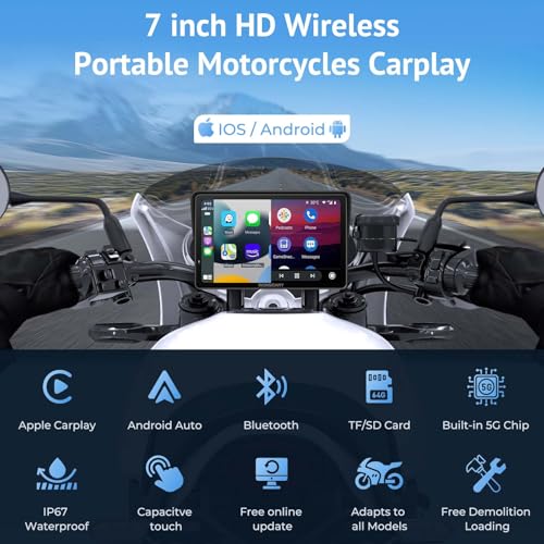 2025 Wonsidary W722 for Motorcycle CarPlay & Android Auto,7" Waterproof Smart GPS Navigation System Screen,Car Play Moto with Light Sensor,Dual Bluetooth,Siri/G-Assist,EQ,USB/Hardwired Power Supply