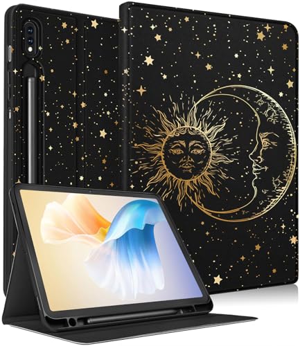 Uppuppy for Samsung Galaxy Tab S8 Plus/ S7 Plus/ S7 FE Case 12.4 Inch Women Cute Girls Folio Moon Sun Teen Boys Black Design Cover for Samsung Tablet S8 Plus 2022/ S7 Plus 2021/ S7 FE 5G Cases