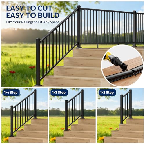 Image of Egadis 36 in. H x 8 ft. W Aluminum Stair Railing Kit, Railings for Outdoor Steps, Black Textured AAMA 2604 Powder-Coat Finish Modular Rail System for Concrete Steps or Wooden Stairs(1 Post, 1 Panel)