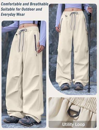 Image of FEOYA Womens Waterproof Pants Rain Pants Quick-Dry Baggy Cargo Hiking Pants | with Zipper Large Pockets Outdoor Travel Pants