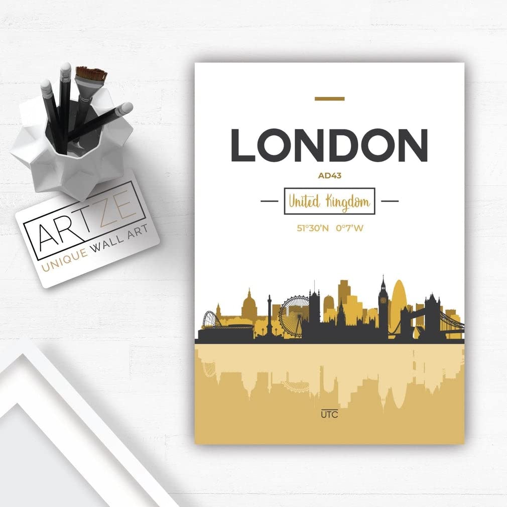 Artze Wall Art London Skyline, London Cityscape England Wall Art Print Poster, A4 Size, Yellow/Grey