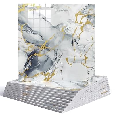 10pcs Marble Peel and Stick Backsplash Waterproof Shower Wall Panels, PVC Foam Wall Panels 11.8"x11.8" Peel and Stick Tile for Home Bathroom, Kitchen, Living Room, Blue and Gold (Not Real Tile)