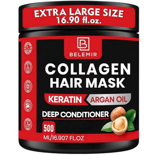 Collagen & Keratin Hair Mask for Damaged, Frizzy Hair – Deep Conditioner with Argan Oil – Promotes Hair Growth, Repairs & Strengthens – Sulfate & Paraben-Free – 16.9oz + Wooden Comb