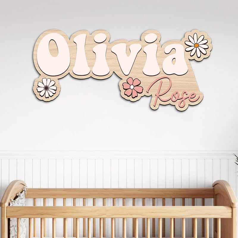 Personalized Name Sign For Nursery, Custom wooden name sign, Boho floral name sign, Girl name Sign, Baby room decor, Above crib sign, Baby gift, Daisy flower wood sign, Retro Nursery Sign d1