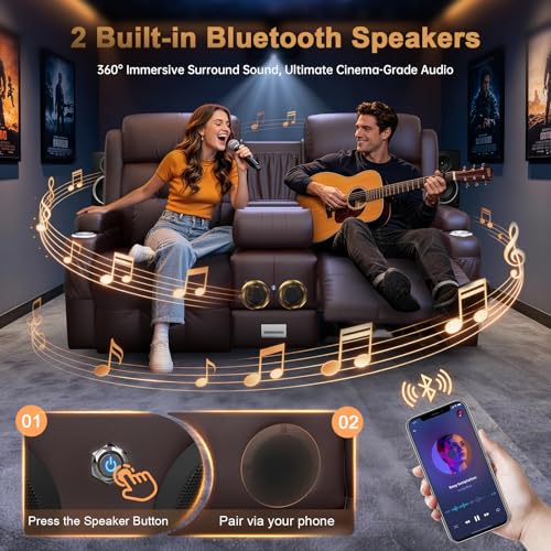 Image of Power Loveseat Recliner Sofa, Home Theater Seating with Heat Massage, Reclining Loveseats with Flip Backrest, Wall Hugger RV Couch Movie Theater Chairs, RV Furniture Sofas with USB, for Gaming Room